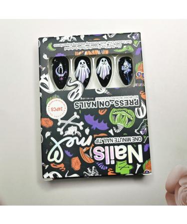24pcs Halloween Press on Nails - Cute Ghost & Skull Designs - Short Almond Black & Purple Fake Nails for Women & Girls - Perfect Halloween Nail Art - Buy Online on GoSupps.com