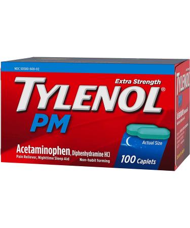Tylenol PM Extra Strength Caplets 100 ct | Nighttime Pain Relief & Sleep Aid with Acetaminophen & Diphenhydramine HCl - Buy Online on GoSupps.com