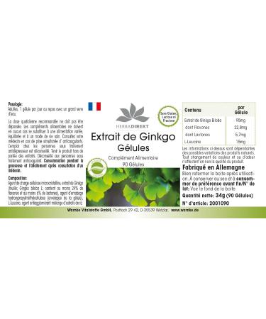 Extrait de Ginkgo Biloba 95mg - 90 G lules - V g tarien | Herba Direkt - Qualit des pharmacies allemandes - Buy Online on GoSupps.com