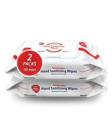 Mediwiper 160 Wipes Refreshing Wet Wipes Antibacterial Hand Wipes Alcohol-Free Travel Size | Travel Hand Sanitizer Wipes | 80 count 2 pack