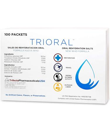 TRIORAL Rehydration Electrolyte Powder - WHO Hydration Supplement Salts Formula - Combat Dehydration from Workouts, Fluid Loss and Much More - 100 Drink Mix Packets