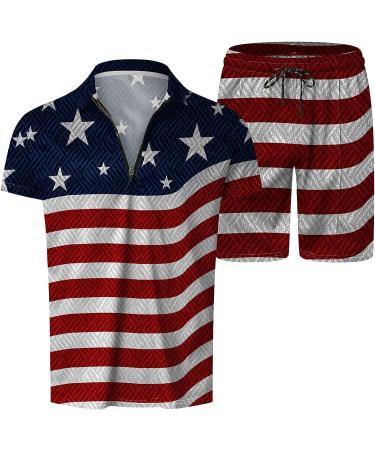 Fxbar Men's Patriotic American Flag Zipper Collar T-Shirt Set, Dark Blue, Large - Buy Online on GoSupps.com