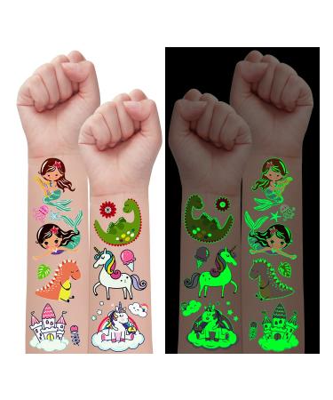 Partywind 245 Styles Glow Temporary Tattoos for Girls, Featuring Luminous Unicorn Mermaid Dinosaur Tattoos for Kids Girls Birthday Party Supplies Favors, Cute Tattoo Sticker Gifts for Children (15 Sheets)