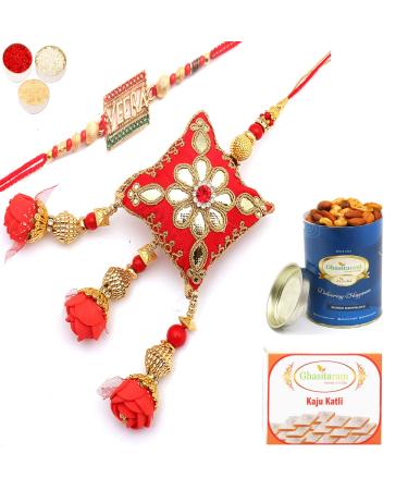 Ghasitaram Gifts Rakhis Online - Rakhi for Brother- Roses of Galore Bhaiya Bhabhi Rakhi with 100 GMS of Dryfruits Mix Can 200 GMS of Kaju katli Rakhi Set & 100g Dryfruits Mix Can 200g Kaju katli