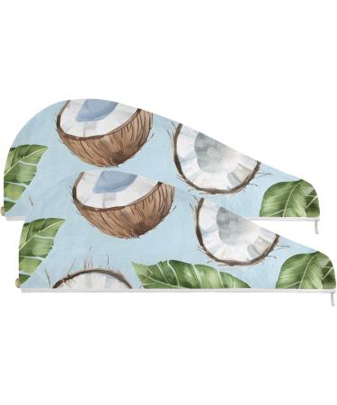 Watercolor Coconuts & Green Leaves Hair Towel 2 Pack - Super Absorbent Quick Dry Turbans for Women & Girls - Buy Online on GoSupps.com