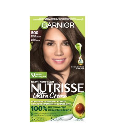 Garnier Nutrisse Ultra Cr me Permanent Hair Dye 100% Grey Coverage Vegan Formula Nourished Hair Long-Lasting Rich Colour 500 Medium Neutral Brown 1 Application Packaging May Vary BROWN SHADES 500 Medium Neutral Brown