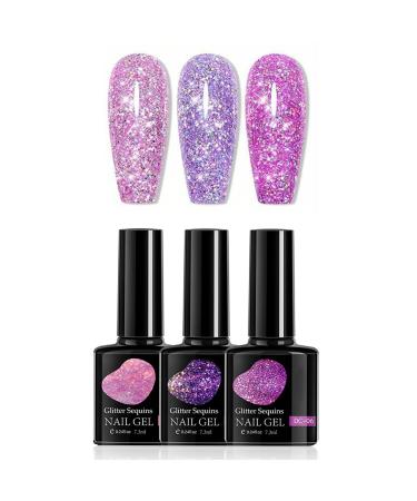 Gel Nail Polish Set Glitter Gel Nail Varnish with Sequins 3 Colors Sparkly Shiny Summer Nail Polish Pink & Purple Soak Off UV/LED Nail Gel Kit for Sparkly Diamond Nail Art DIY