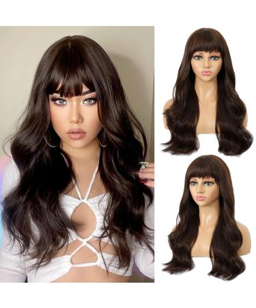 FAELBATY Long Brown Wig Curly Wave Wigs With Bangs Synthetic Cosplay Wig for Girl Super Long Dark Brown Wigs for Women (26" Dark Brown)