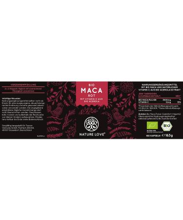 Buy Nature Love Bio Maca Red - 180 Vegan Capsules 3000mg Daily Dose Organic with Natural Vitamin C - High Potency Made in Germany - Buy Online on GoSupps.com