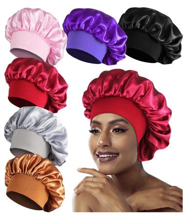 6PCS Satin Bonnets for Black Women, Large Braids Bonnet Wide Band Hair Bonnets, A #6pcs-a