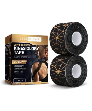 Care Science Waterproof Kinesiology Tape, 40 ct Precut Strips (2 Rolls), Copper Infused | Water Resistant Strips, Elastic Athletic Tape for Sports & Weightlifting, Muscle Strain Relief & Joint Support