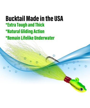 Dr.Fish Bucktail Jig Fluke Lure - 3 Pack Saltwater/Freshwater Hair Jig for Surf Fishing, Bass, Flounder, Striper - 1/2oz White Chartreuse Red & White - Buy Online on GoSupps.com