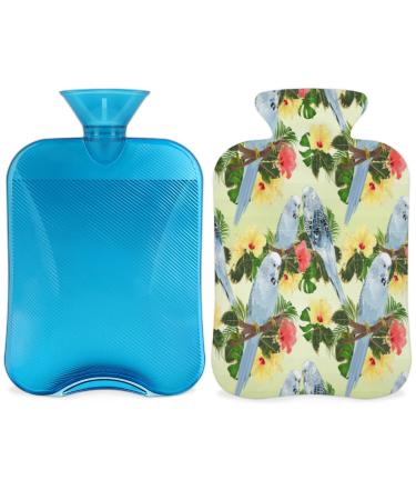 Parrot heat bottle with a fluffy cover 2l large capacity hot bottles for children men women tropical flowers hibiscus warm water bottle for cozy nights pain relief back