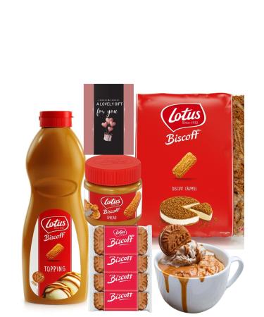 Lotus Biscoff Biscuits Gift Set-Lotus Topping Biscoff Sauce Squeezy Bottles Speculoos Syrup Lotus Biscoff Spread 4X XL Lotus Biscuits Lotus Biscoff Crumbs 750g Lovely Card&Lotus Secret Recipe. - Buy Online on GoSupps.com