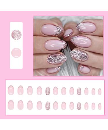 Almond Fake Nails Long 24Pcs Glitter French False Nails Pink Glitter Press on Nails Full Cover Stick on Nails with Nail Glue Oval French Nail Tips for Women Girls Nails Art French Pink Glitter - Buy Online on GoSupps.com
