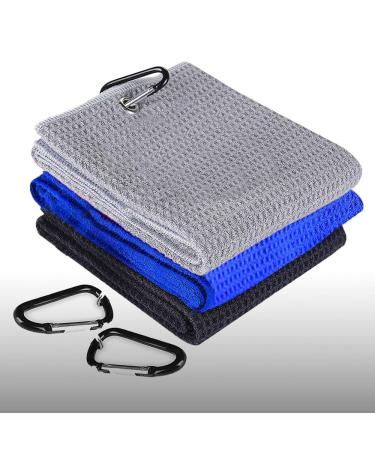 3 Pack Golf Towel with Microfiber Waffle Pattern Tri-fold 16''x16'', Golf Cleaning Towels, Super Absorption and Quick Dry with Carabiner Clip for Golf Bags for Men & Women, Blue, Black and Gray