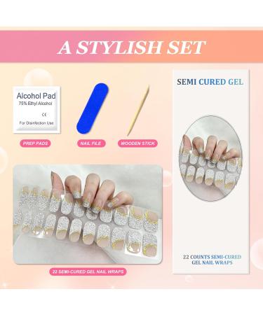 Semi Cured Gel Nail Wraps 22Pcs Glitter Silver Gel Nail Polish Strips Self-Adhesive Gold Lines Gel Nail Stickers Salon-Quality French Manicure Kit with with 2 Prep Pads Nail File & Wooden Stick - Buy Online on GoSupps.com