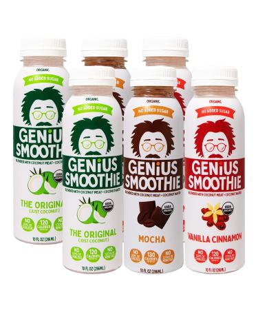 Genius Juice 100% Organic Coconut Creamy Nutritional Smoothie | Coconut Water + Blended Whole Coconut Meat  Low Calorie, Delicious, Filling Meal Replacement | No added sugars, Vegan Free, Dairy Free Variety Flavors Smoothie 6 pack