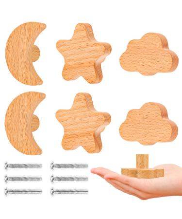 Akone cabinet buttons wood 6 pieces of furniture buttons children stars moon clouds wooden buttons knob for cupboard drawer buttons natural decoration furniture button for chest of drawers children - Buy Online on GoSupps.com