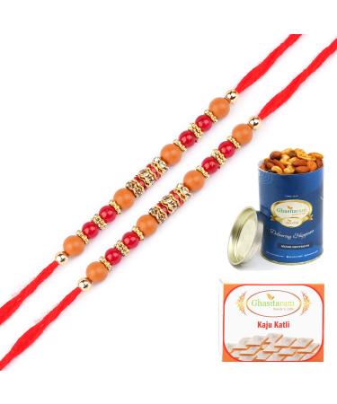 Ghasitaram Gifts Rakhis Online for Brother-Set of 2-6945 Rakhi Thread with 100 GMS of Dryfruits Mix Can 200 GMS of Kaju katli 2 Rakhi & 100g Dryfruits Mix Can 200g Kaju katli