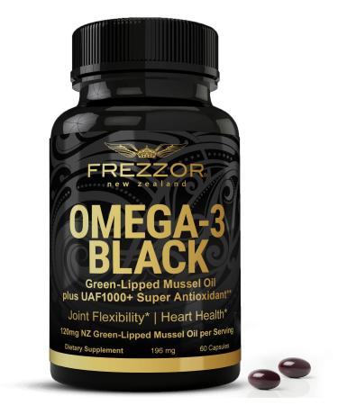 FREZZOR Omega 3 Black for Joint Care & Comfort - New Zealand Green Lipped Mussel Oil Capsules 53x Higher Potency with UAF1000+ Super Antioxidant, No Fishy Aftertaste, 450mg, 1-Pack, 60 Softgels 60 Count (Pack of 1)