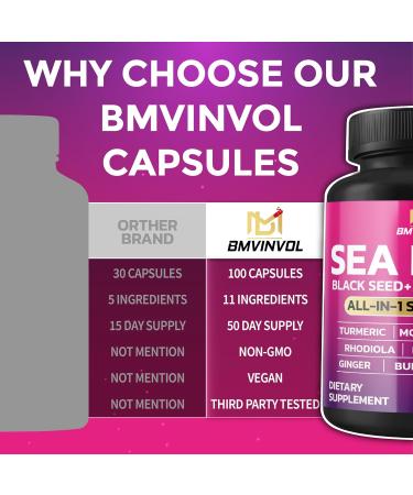 BMVINVOL Sea Moss Black Seed Shilajit Ashwagandha + Bladderwrack Ginger Moringa Turmeric Burdock Ginseng Rhodiola Rosea - 100 Capsules - Buy Online on GoSupps.com