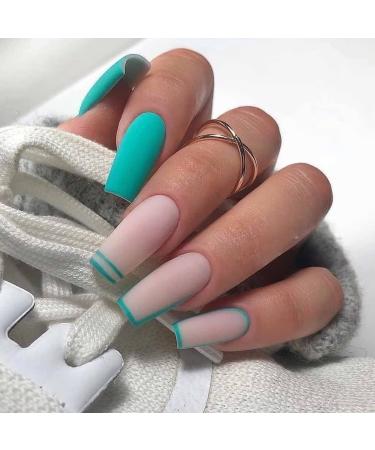 Runrayay Green Line Long Press on Nails French Tips Coffin Fake Nails Matte False Nail glue on acrylic nails with design full cover french tips for women girls