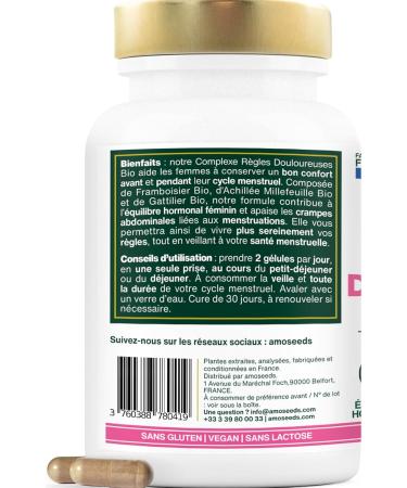 Organic Soreness Period | Soothes Menstrual Pain | Before and During Period | Raspberry Tree Chatthrue Yarrow | 60 Capsules of 490mg | Made in France | Superior Quality - Buy Online on GoSupps.com