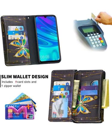 Miago 9 Card Slots Leather Wallet Case for Huawei Y6 2019 - Colorful Zip Flip & Diamond Butterfly Design - Buy Online on GoSupps.com