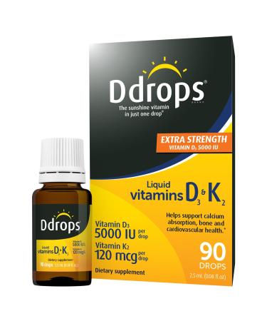 Ddrops Extra Strength 5000 IU Vitamin D3 + K2 90 Drops - Liquid Vitamin D3 & K2 (MK7) Supplement. Supporting Strong Bones Immune System and Cardiovascular Health. 0.06 Fl Oz (Pack of 1)