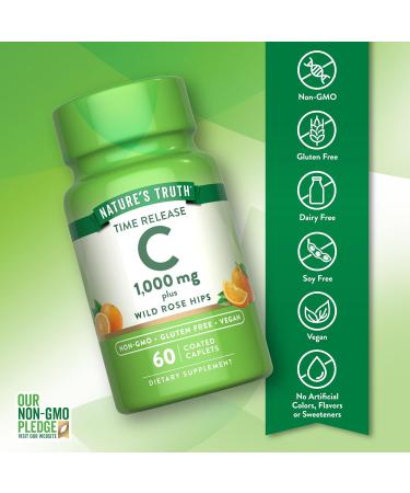 Nature's Truth Vitamin C with Rose Hips 1000mg | 60 Coated Caplets | Vegan Non-GMO & Gluten Free Supplement Unflavored 60 count (Pack of 1) - Buy Online on GoSupps.com