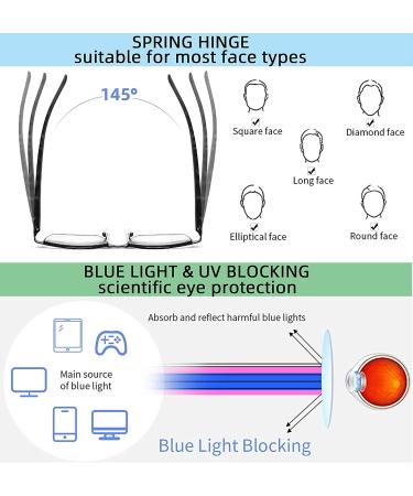 4-Pack Stylish Metal Frame Blue Light Blocking Reading Glasses for Men +2.0 Strength - Anti Glare UV Filter Eyeglasses with Comfort Spring Hinges - Buy Online on GoSupps.com