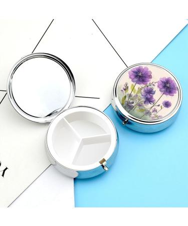 Round Pill Box with Purple Flowers | 3 Compartment Medicine Organizer | Portable Decorative Metal Pill Case - Buy Online on GoSupps.com