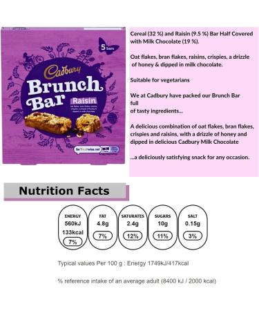 Cereal Bars Bundle With 5x Cadbury Brunch Raisin Cereal Bar 5x32g | Suitable for vegetarians | On The Go Snacks - Buy Online on GoSupps.com