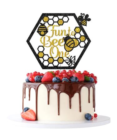 Tenhaisi Fun to Bee One Cake Topper - Bee Theme 1st Birthday Party Decorations - Happy 1st Birthday Party Cake Decor for Boys Girls - Gold&Black Glitter Cake Topper
