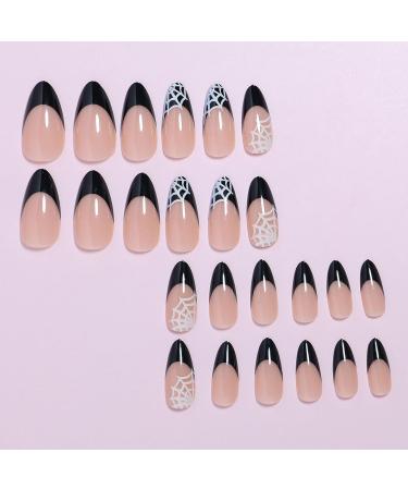 French Tip Press on Nails - Almond Shape Full Cover Acrylic | Halloween Spider Web Design - Glossy Stick-On Nails for Women/Girls - Buy Online on GoSupps.com