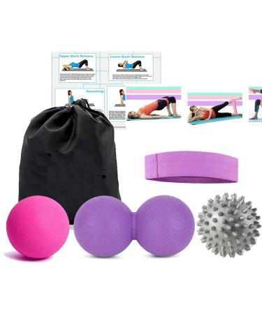 Pack of 3 Massage Balls Set with 1 Resistance Band, Spiky, Lacrosse Ball, Peanut Muscle Roller Massager for Myofascial Trigger Point Release & Deep Tissue Massage, Fabric Booty Band for Legs & Butt