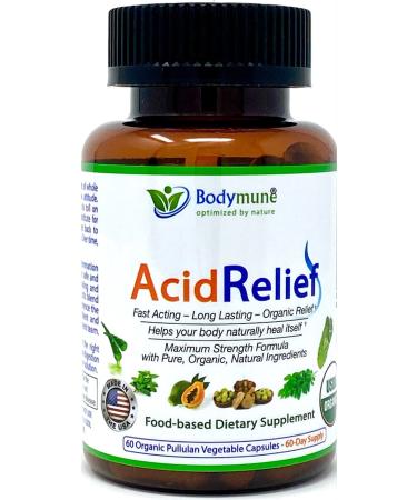 Bodymune AcidRelief All-Natural USDA Organic Acid Relief Supplement Acid Indigestion Relief Supplement | 100% Vegan Non-GMO Gluten-Free USA Made - 60 Capsules