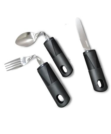 Bendable Extra Wide Handles Easy Grip Cutlery Set for Adult Chunky Handles Disability Ideal Dining aid for Elderly Disabled Arthritis Parkinson's Disease Tremors Sufferers (3Pcs Black)