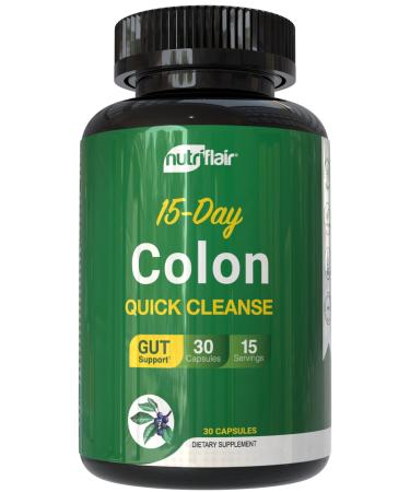 NutriFlair Colon Cleanse 15 Day Advanced Gut Detox with Cascara Sagrada Senna Leaf Psyllium Husk & Probiotics 30 Capsules Non GMO GMP Certified