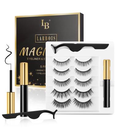 Larbois Magnetic Eyelashes 5 Pairs, Magnetic Eyelashes with Eyeliner Kit Easy to Wear, Comfortable & Reusable False Lashes From Natural to Gorgeous Styles No Glue Needed 5Pairs
