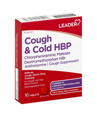 Leader Cough and Cold HBP Medicine Decongestant-Free Antihistamine Cough Suppressant - Relieves Cough Runny Nose Sneezing and Cold Symptoms for People with High Blood Pressure 16 Tablets 6 Pack