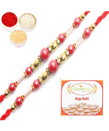 Ghasitaram Gifts Rakhi for Brother Rakhis Online-Set of 2-7017 Fancy Thread Rakhi with 200 GMS of Kaju katli