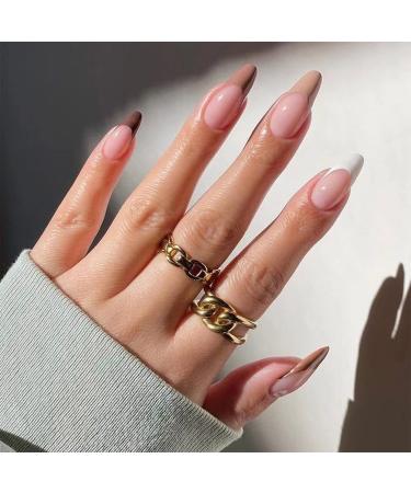 False Nails with Glue - Medium Length Almond Acrylic French Press on Nails - 24pcs Brown Edge Stick On Nails - Elegant Nude Pink Fake Nails for Women Girls