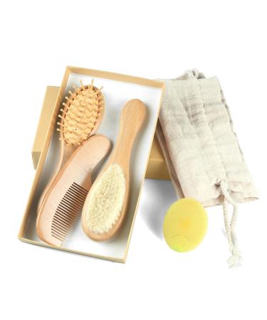 Baby Hair Brush and Comb Set (4-Piece) for Newborn - Wooden Baby Hairbrush Set A Beechwood Brush  Baby Airbag Brush  Beech Handle Brush  and Prevent Cradle Cap Silicone Brush - Ideal Registry Gift