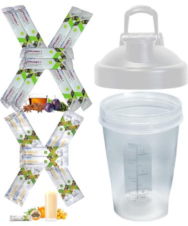 10-Day Trial Pack for Colon Cleanse & Defense - Drink Prunex 1 Before Sleep Drink Flora Liv After Breakfast 5000mg per Stick of Each Plus Small Ergonomic Clear Shaker 12oz w. Mixer Ball & White Lid