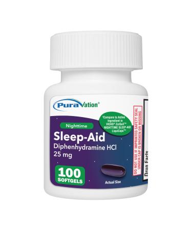 PURAVATION Nighttime Sleep Aid Softgels Diphenhydramine 25mg Supports Deeper Restful Sleeping Non-Habit-Forming 100 Count