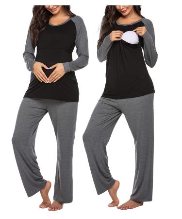Ekouaer Maternity Nursing Pajama Set Long Sleeves Breastfeeding Sleepwear Hospital Pregnancy Double Layer Top & Pants Grey
