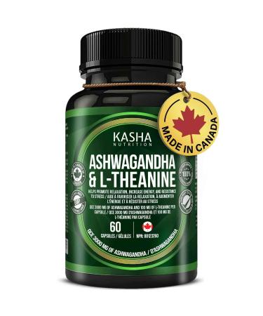 KASHA Nutrition Ashwagandha 3000 mg and L-theanine 100 mg Per Capsule | High Potency 10:1 Extract Expert Formulated | Resistance to Stress Promote Relaxation Energy Memory Enhancement Sleep Aid & Rejuvenative Tonic | Proudly Canadian | No Additives (60 Co