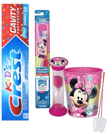 Disney Minnie Mouse Inspired 3pc. Bright Smile Oral Hygiene Set! Soft Manual Toothbrush, Crest Kids Sparkle Toothpaste & Mouthwash Rise Cup! Plus Bonus "Remember to Brush" Visual Aid!